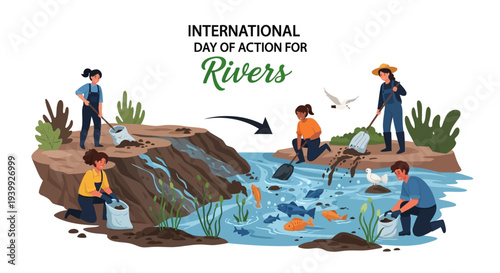 Illustration of people engaging in river conservation activities on International Day of Action for Rivers with a focus on river protection awareness and environmental sustainability.