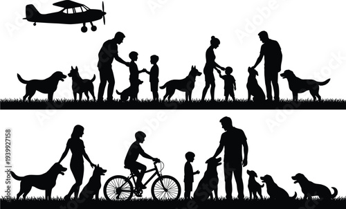 family silhouette with parents, children, multiple dogs walking together on grass, boy riding bicycle, small airplane flying above, happy pet friendly lifestyle vector illustration