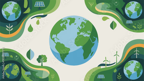 Sustainable earth with renewable energy sources and green landscapes surrounding globe illustration