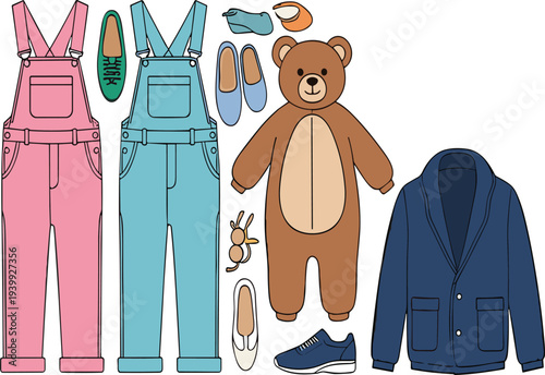 Kids clothing and accessories vector set with overalls teddy bear jacket shoes and children fashion outfit elements isolated illustration