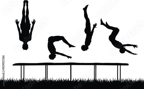 Silhouette of gymnasts performing flips and somersaults over vaulting table, acrobatic athletes in action, gymnastics routine, dynamic poses, grass field background
