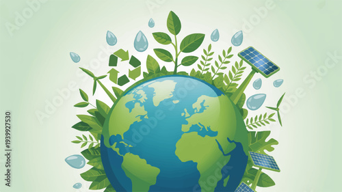 Earth surrounded by green leaves and solar panel symbolizing eco friendly sustainable energy and environmental conservation globally