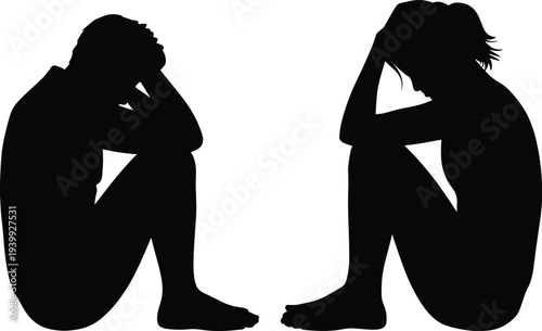 Silhouette of sad depressed couple sitting facing each other hugging knees, emotional stress, relationship breakup, grief, anxiety, mental health concept, black background