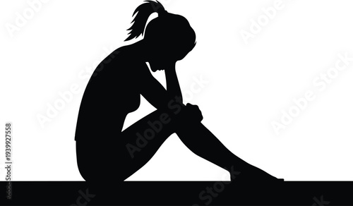 Silhouette of sad depressed woman sitting on floor hugging knees, ponytail girl in despair, emotional stress, anxiety, loneliness, mental health struggle, black background