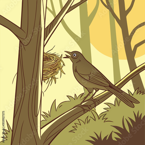 Bird Building Nest on Tree Branch in Natural Forest