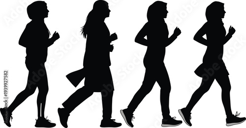 Silhouette of diverse women running together as a symbol of strength and movement, fitness and health