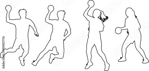 Outline illustration of male and female handball players in action with balls on checkered background