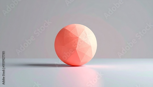 Pink faceted sphere floating on a white surface with a neutral blurred background, for concept art