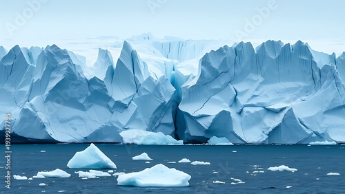 floe. A massive glacier breaking apart, ice fragments drifting in arctic waters. ESG reports, sustainability campaigns, designed for environmental awareness campaigns, used by event planners.