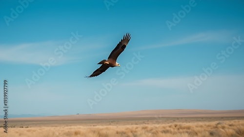raptor. Single eagle soaring across a vast blue sky over endless grassland. wildlife magazines, conservation campaigns, designed for wildlife conservation campaigns, used by e-commerce operators.