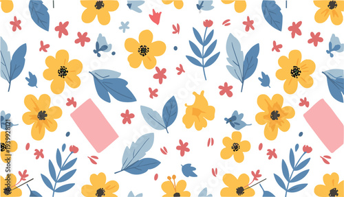 Seamless colorful floral pattern with yellow flowers blue leaves and small red blossoms decorative botanical vector background design