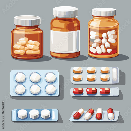 Various medical products including a carton, a brown medicine bottle filled with pills, and blister packs of tablets. , vector style simple color