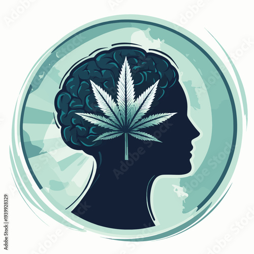 Medical illustration of a human head profile with a brain and a cannabis leaf icon inside a cyan circle representing the effects of marijuana on mind. , vector style simple color