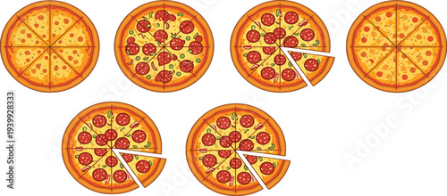 Set of whole and sliced pizza vector illustrations with pepperoni cheese toppings and different pizza variations isolated on white background