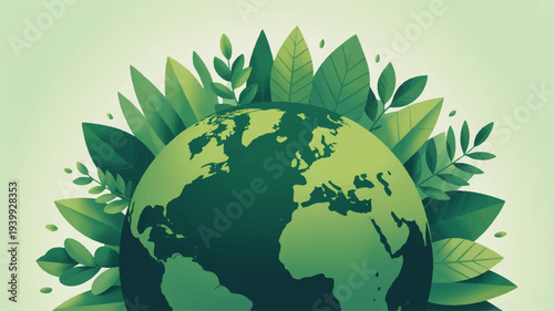 Green earth globe surrounded by lush leaves and foliage on light green background symbolizing eco friendly environment and sustainability