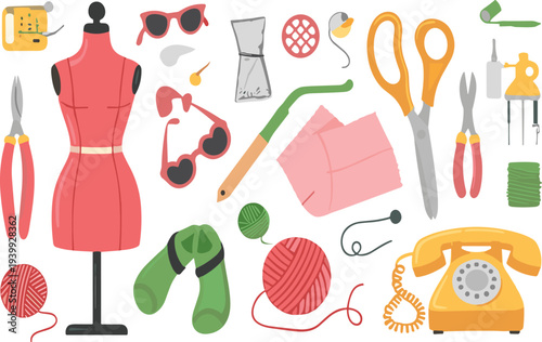Sewing and tailoring tools collection with dress mannequin scissors thread yarn fabric and vintage telephone colorful vector illustration