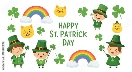 Illustration of cartoon leprechauns and shamrocks celebrating St. Patrick's Day with a rainbow and green theme on a white background.