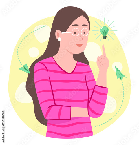 Young Woman Thinking Good Idea and Pointing a Light Bulb Symbol for Creative Thinking Concept Illustration Clip Art