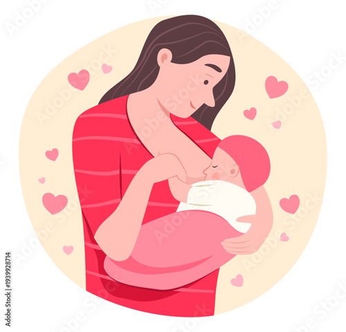 Mother Breastfeeding to Baby for Family Relations and Take Care with Love Concept Illustration Clip Art