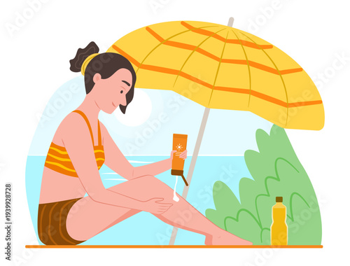 Young Woman Apply Sunscreen Lotion on Body before Sunbathing on the Beach for Summer Vacation and Outdoor Recreation Lifestyle Concept Illustration Clip Art