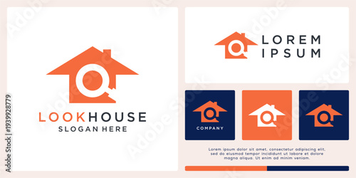 Look house logo design basic template with magnifying