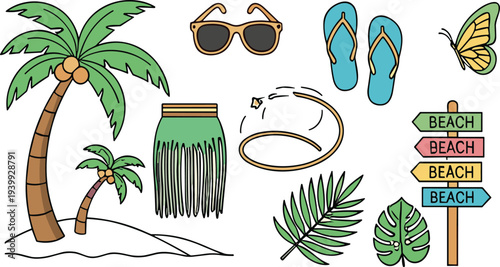Summer beach elements collection with palm tree sunglasses flip flops tropical leaves signpost butterfly vector illustration set