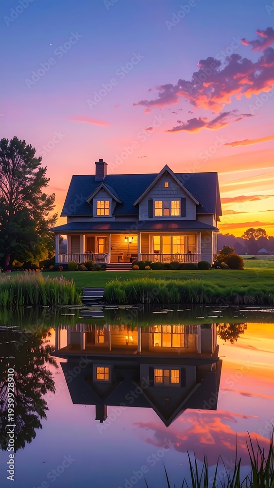 Obraz premium A serene house by a lake during sunset with warm glowing lights