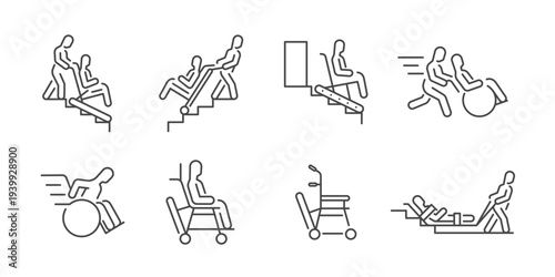 Evacuation icon set. It includes evacuation chair, emergency, escape, disability, and more icons. Editable Vector Stroke.