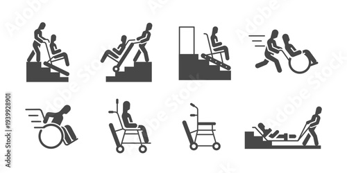 Evacuation solid icon set. It includes evacuation chair, emergency, escape, disability, and more icons.