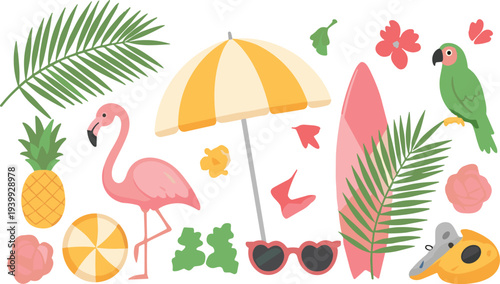 Summer tropical vacation vector illustration set with flamingo pineapple surfboard beach umbrella parrot palm leaves and travel holiday elements