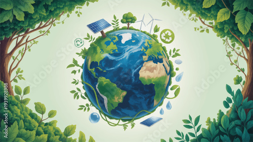 Earth surrounded by green leaves and eco friendly symbols representing environmental conservation and sustainability
