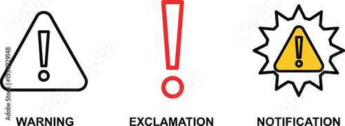 A collection of three different styles of exclamation mark icons representing warning, alert, and notification symbols on a white.