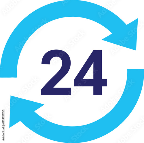 Blue circular arrows frame the large number twenty-four indicating continuous availability or round-the-clock service.