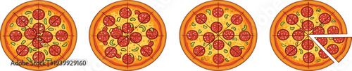 Top view pepperoni pizza set with different slice arrangements, whole pizzas and missing slice, cartoon flat vector illustration