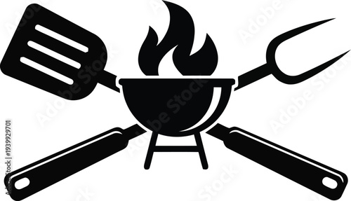 Barbecue grill icon with spatula and fork representing grilling and outdoor cooking perfect for food blogs and restaurant menus