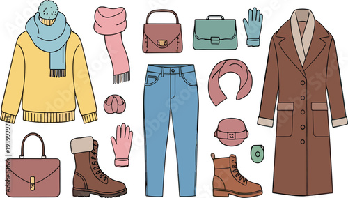 Winter fashion clothing and accessories vector set including sweater coat scarf boots gloves jeans handbags and seasonal apparel collection illustration