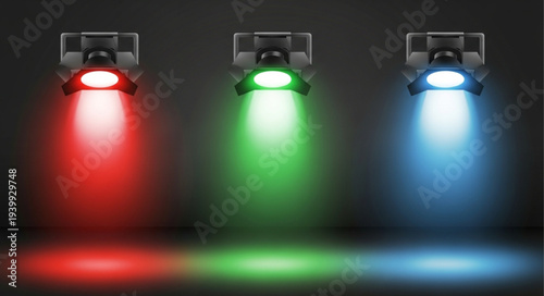 Three spotlights shining red green and blue light beams.