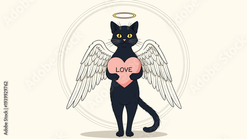 Illustration of a cute black cat as an angel with white wings holding a pink heart with the word love in its paws.