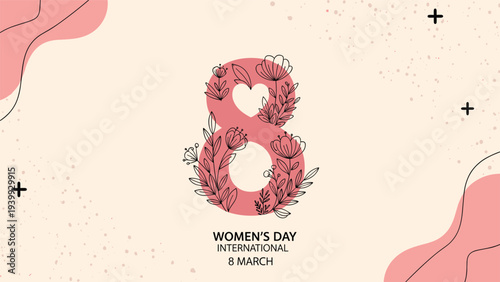 International Women's Day card with a large pink digit eight decorated with delicate black flower outlines for march holiday.