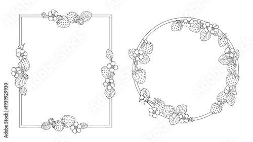 Two black and white line art frames made of strawberries and flowers in square and circular shapes on white background.