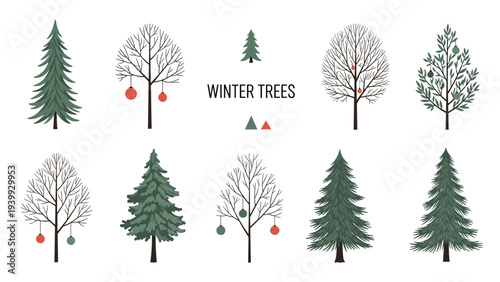 Set of ten various winter trees including pines and bare trees decorated with red and green christmas ornaments.