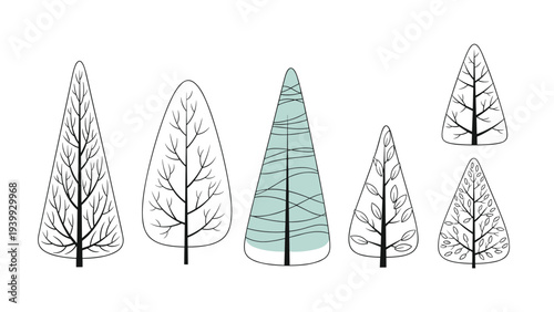 Various stylized trees with different patterns and shapes are arranged in a row against a plain white background for design.