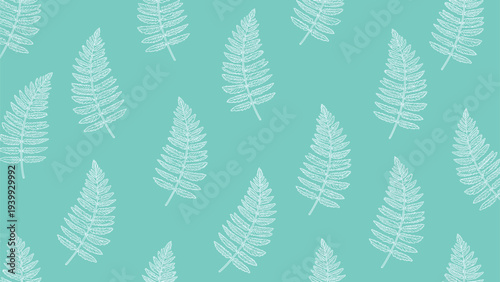 White hand-drawn fern leaves are arranged in a seamless pattern on a solid mint green background for a tropical botanical feel.