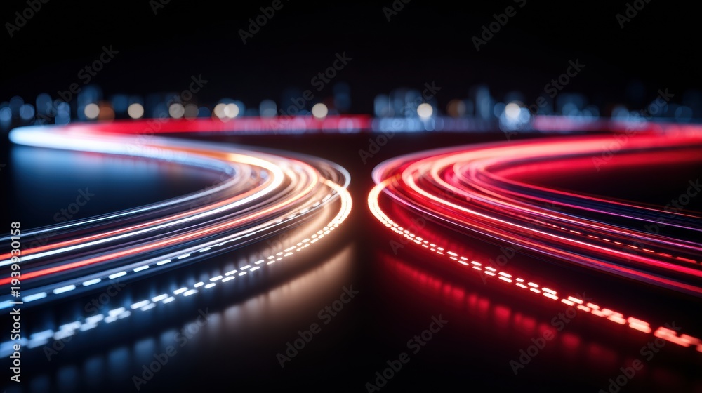 Fototapeta premium Glowing Intersection of Digital Pathways Shows Executive Decision Concept With Cinematic Lighting at Night