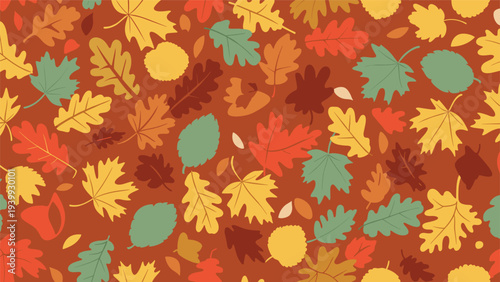 Dense seamless pattern of colorful autumn leaves in red, orange, yellow, and green covers a warm reddish-brown background for fall.