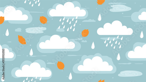 Seamless pattern depicts white clouds, raindrops, and orange falling leaves on a dusty blue background for an autumn weather theme.