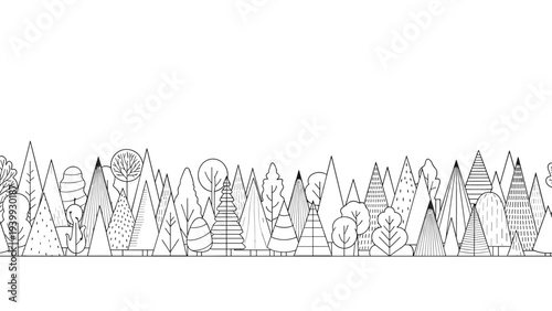 Long bottom border composed of numerous stylized, minimalist trees and bushes in black and white line art on a white background.