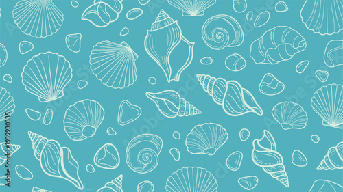 Coastal design featuring white hand drawn outlines of diverse sea shells and beach stones on a teal blue background for nautical decorations.