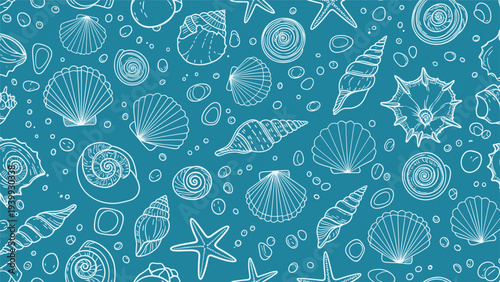 Marine life pattern showing white line art drawings of various seashells and starfish on a solid blue background for summer and ocean themes.