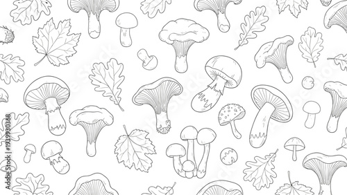 Intricate black and white line art pattern of different wild mushrooms and forest leaves for nature lovers and educational coloring books.